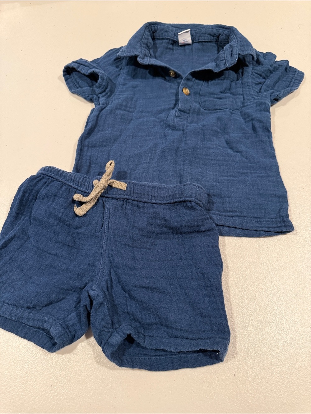 Old Navy Navy Blue Gauze Polo & Drawstring Shorts Set